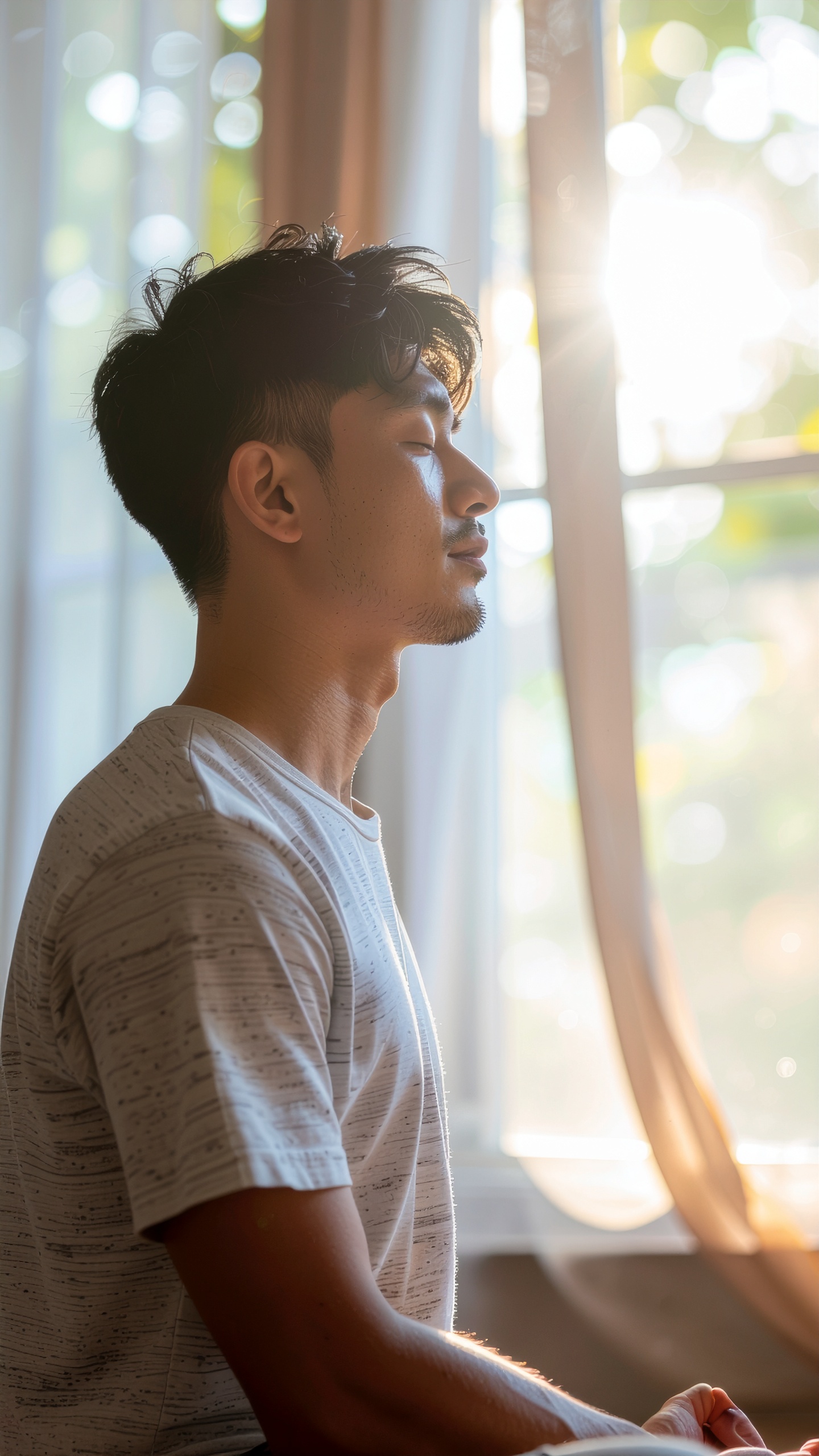 Man Meditating by a Window with Soft Natural Light